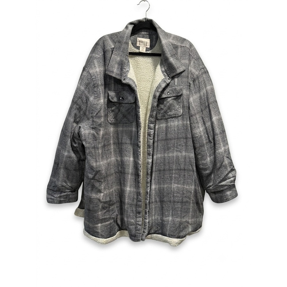 True Nation Mens 5XL Sherpa Lined Flannel Shirt Jacket Gray Plaid Shacket Cotton